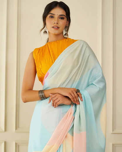 Light Blue & Multi Floral Print Saree