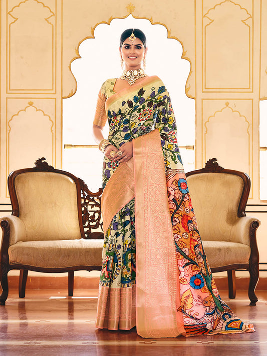 Bright Cream & Pink Woven Silk Designer Saree