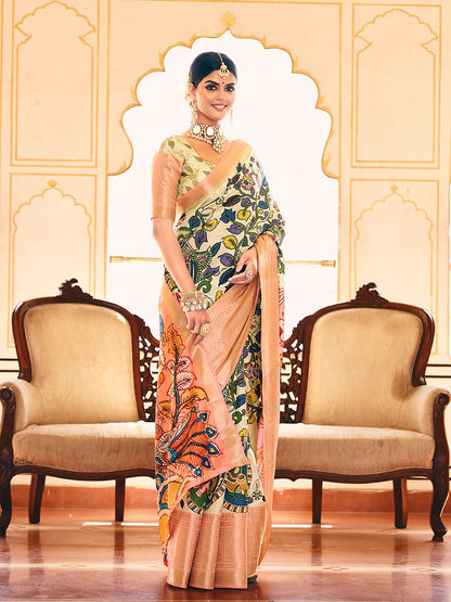 Bright Cream & Pink Woven Silk Designer Saree