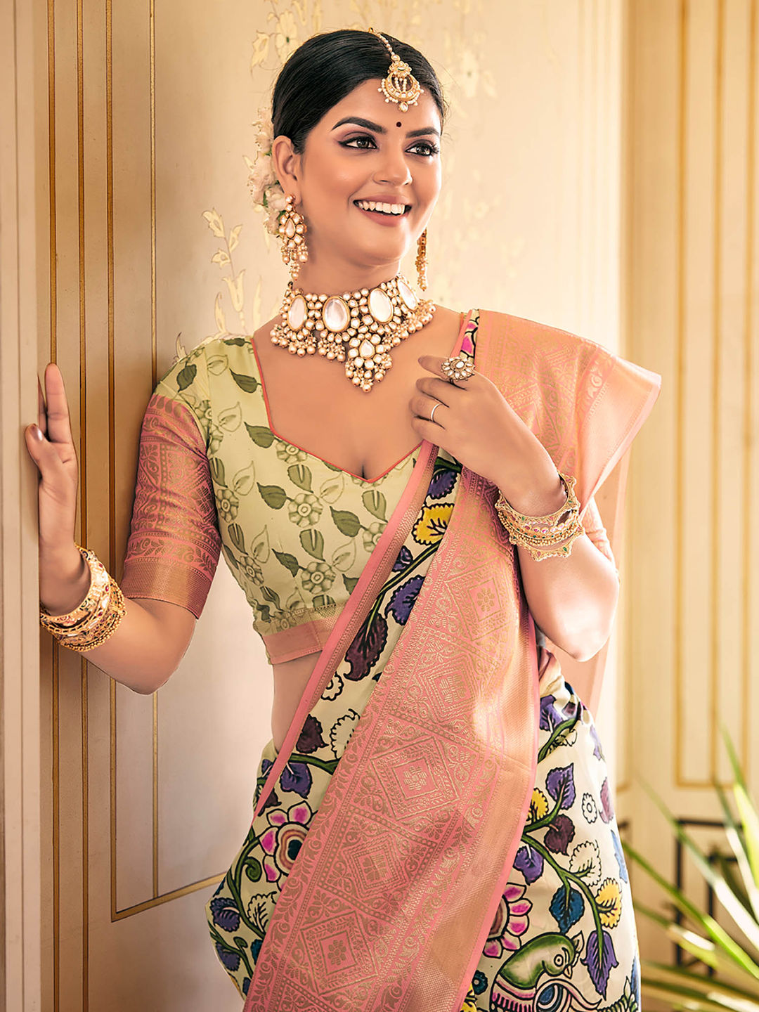 Bright Cream & Pink Woven Silk Designer Saree