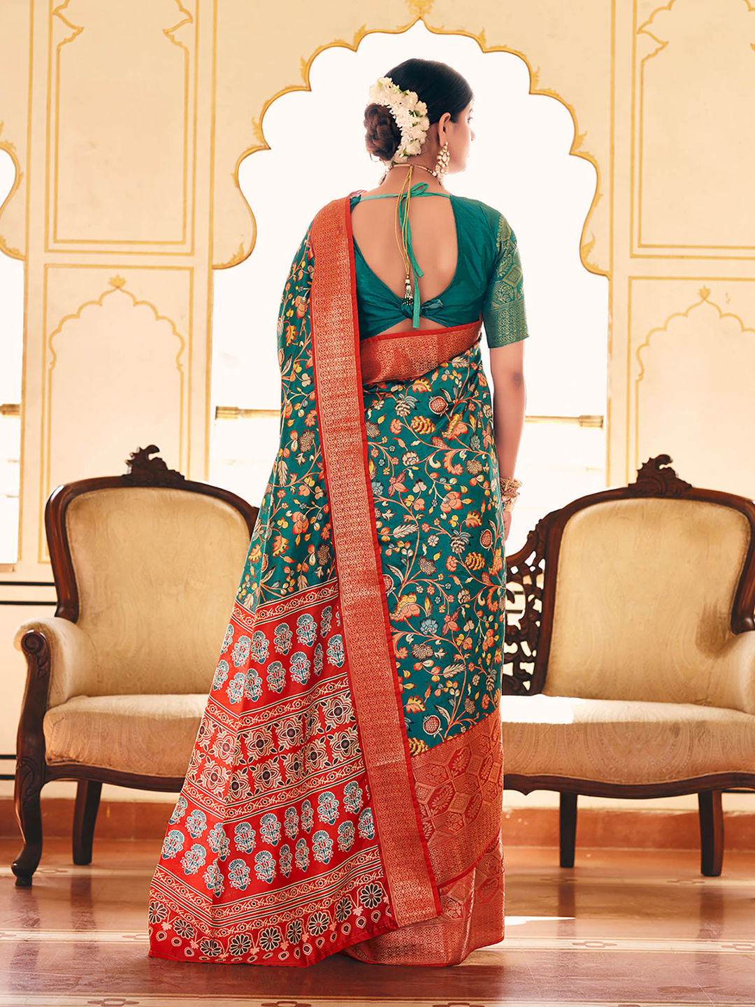 Teal Blue & Red Woven Silk Designer Saree
