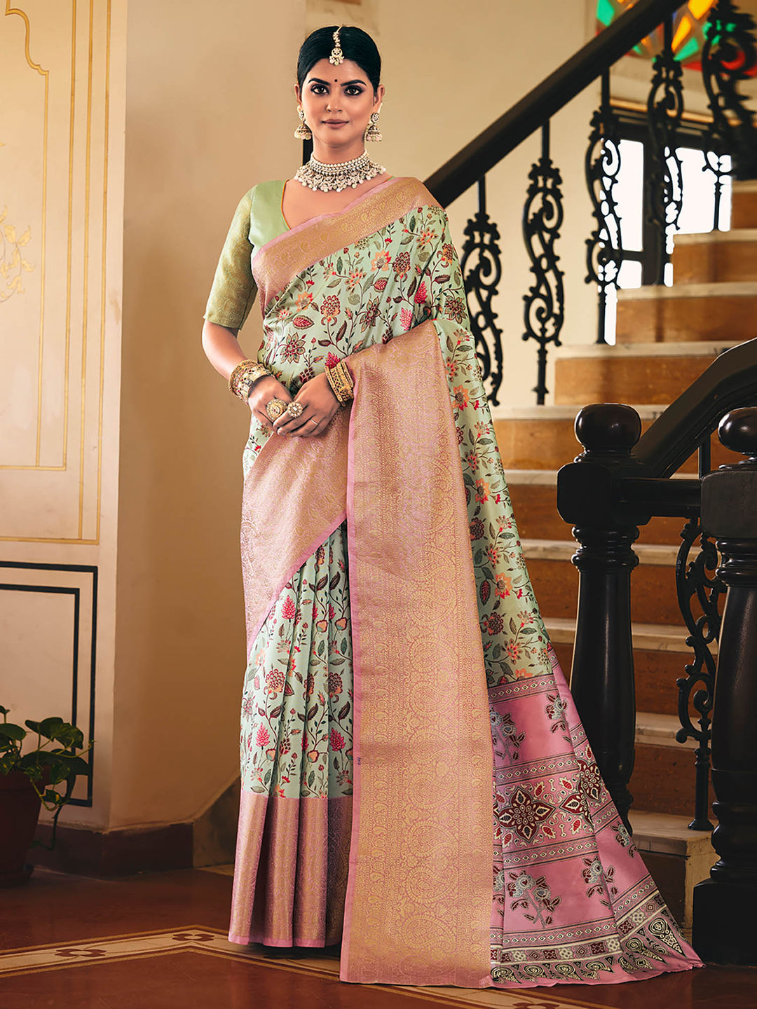 Sea Green & Pink Woven Silk Designer Saree