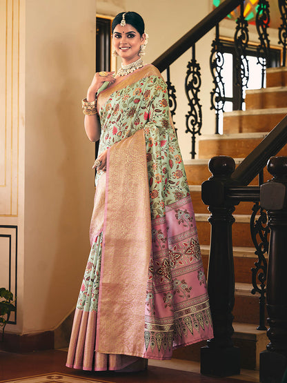 Sea Green & Pink Woven Silk Designer Saree