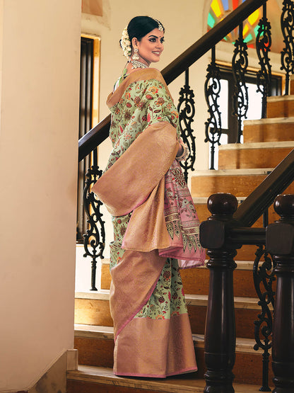 Sea Green & Pink Woven Silk Designer Saree