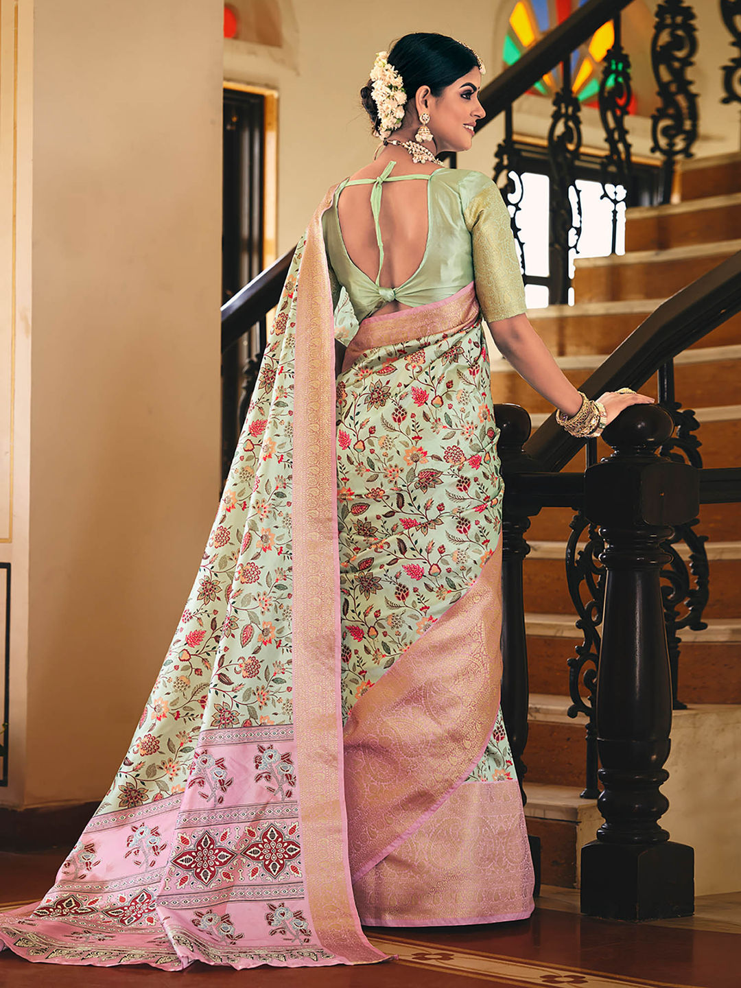 Sea Green & Pink Woven Silk Designer Saree