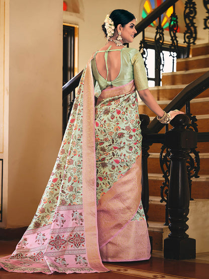 Sea Green & Pink Woven Silk Designer Saree