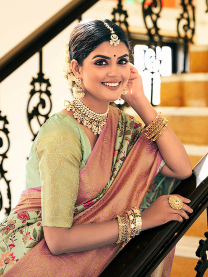 Sea Green & Pink Woven Silk Designer Saree