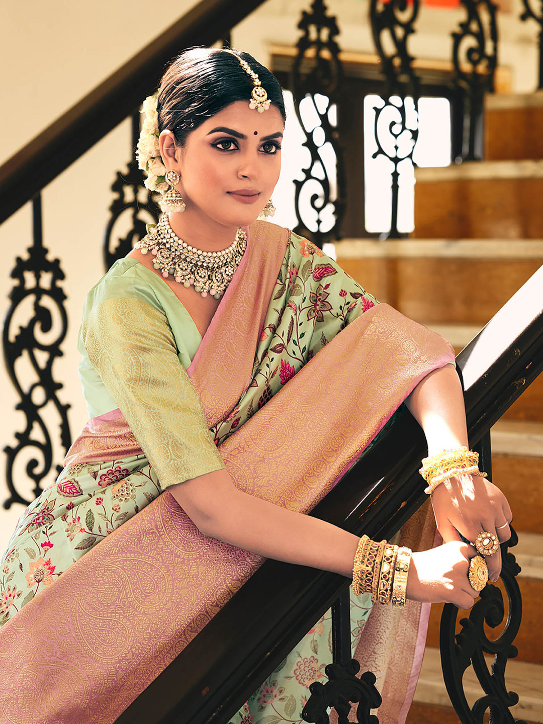 Sea Green & Pink Woven Silk Designer Saree