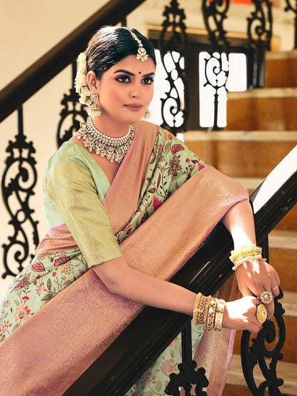 Sea Green & Pink Woven Silk Designer Saree