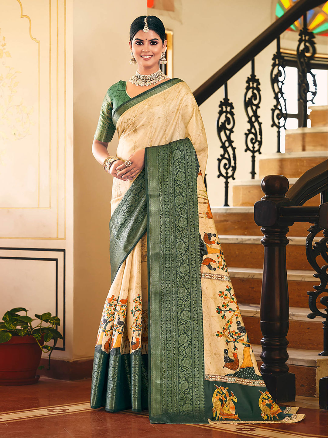 Bright Beige & Green Woven Silk Designer Saree