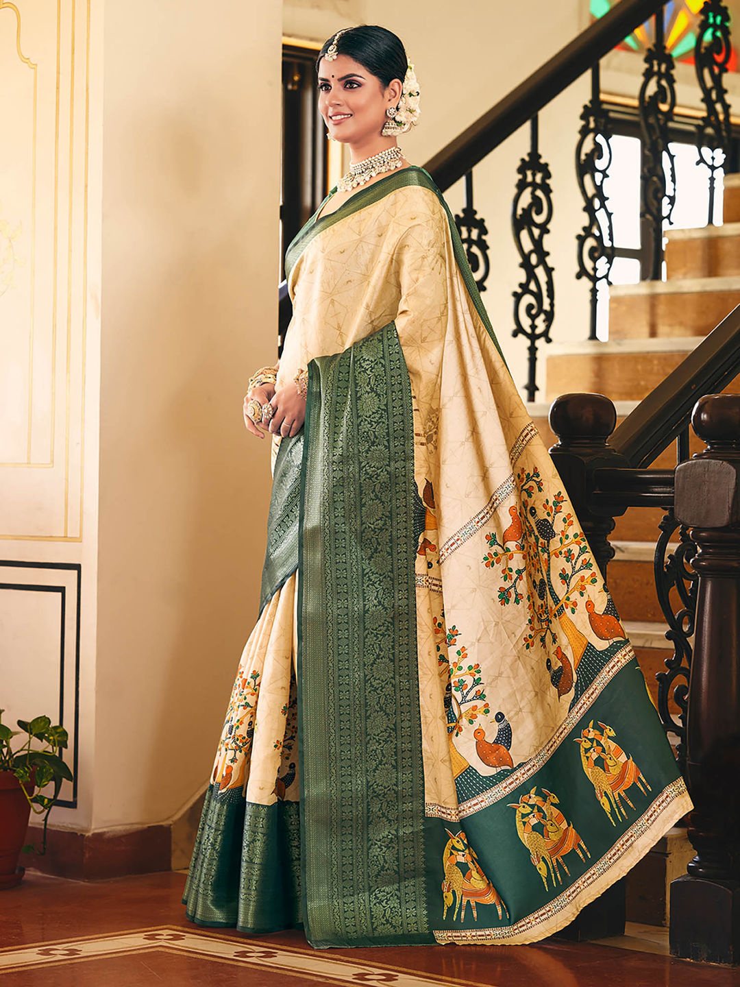 Bright Beige & Green Woven Silk Designer Saree