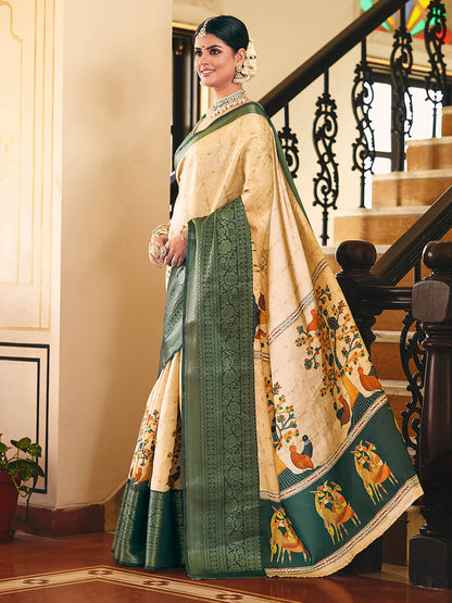 Bright Beige & Green Woven Silk Designer Saree