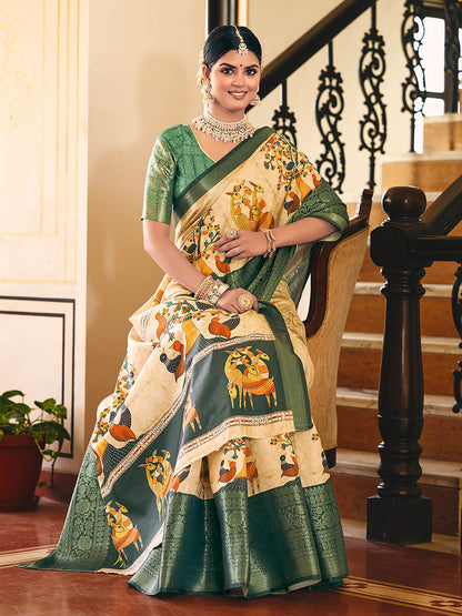 Bright Beige & Green Woven Silk Designer Saree