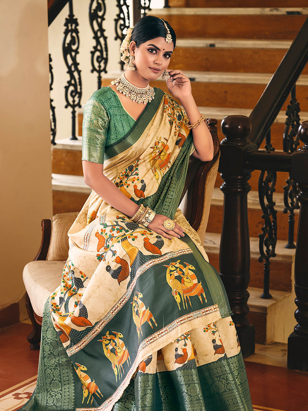 Bright Beige & Green Woven Silk Designer Saree