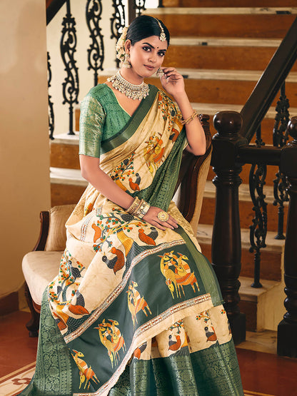 Bright Beige & Green Woven Silk Designer Saree