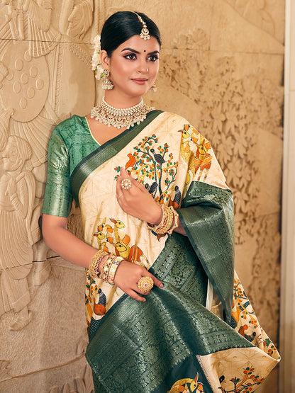 Bright Beige & Green Woven Silk Designer Saree