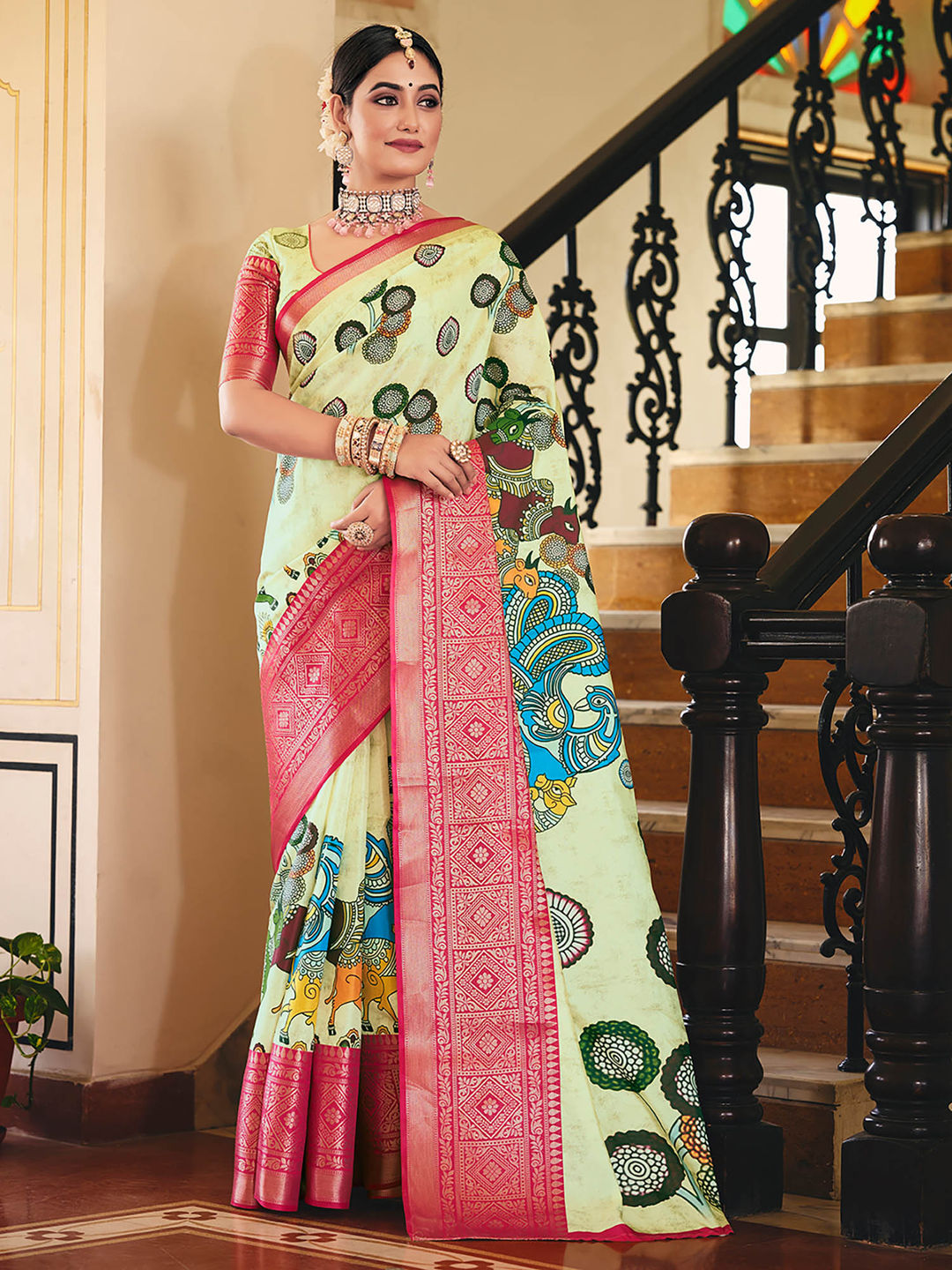 Pista Green & Pink Woven Silk Designer Saree