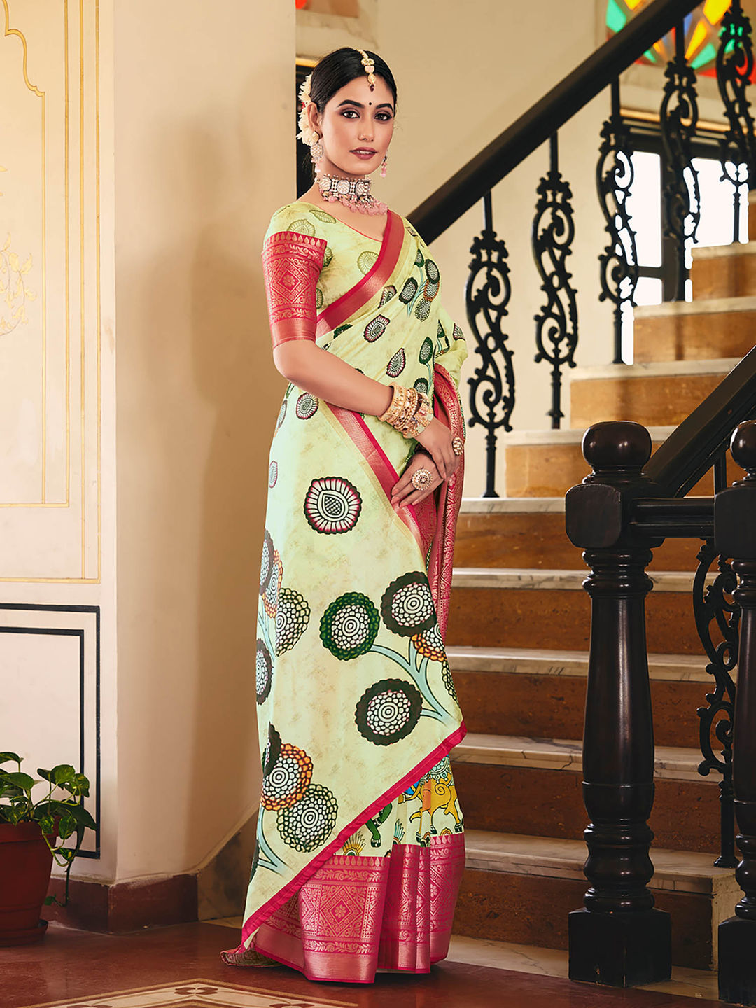 Pista Green & Pink Woven Silk Designer Saree