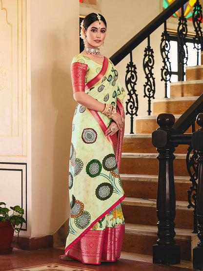 Pista Green & Pink Woven Silk Designer Saree