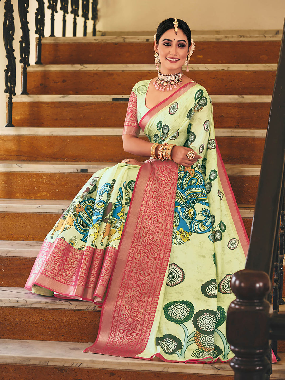 Pista Green & Pink Woven Silk Designer Saree