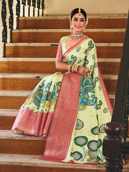 Pista Green & Pink Woven Silk Designer Saree