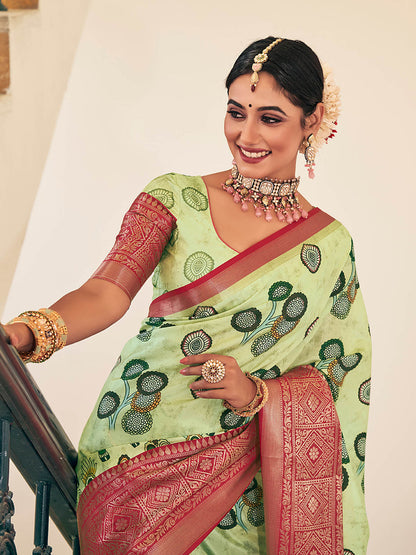 Pista Green & Pink Woven Silk Designer Saree