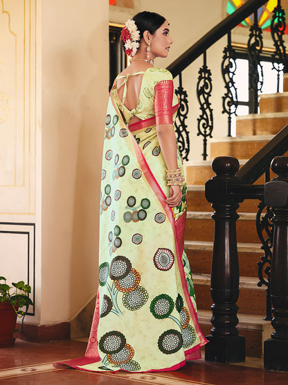 Pista Green & Pink Woven Silk Designer Saree