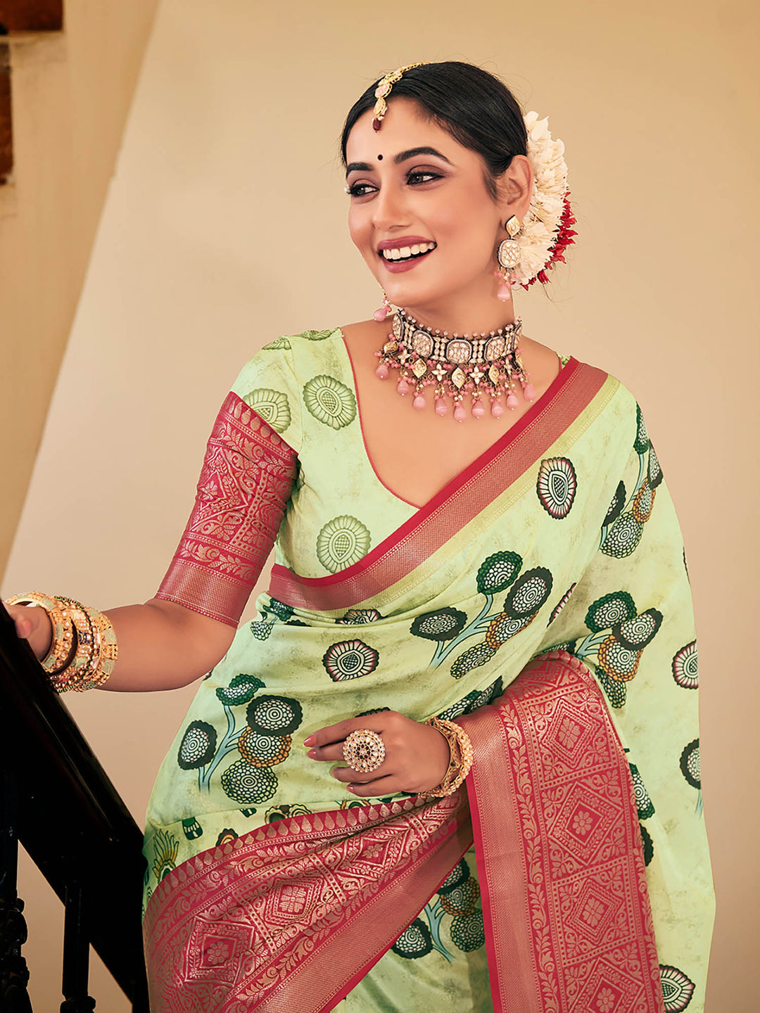Pista Green & Pink Woven Silk Designer Saree