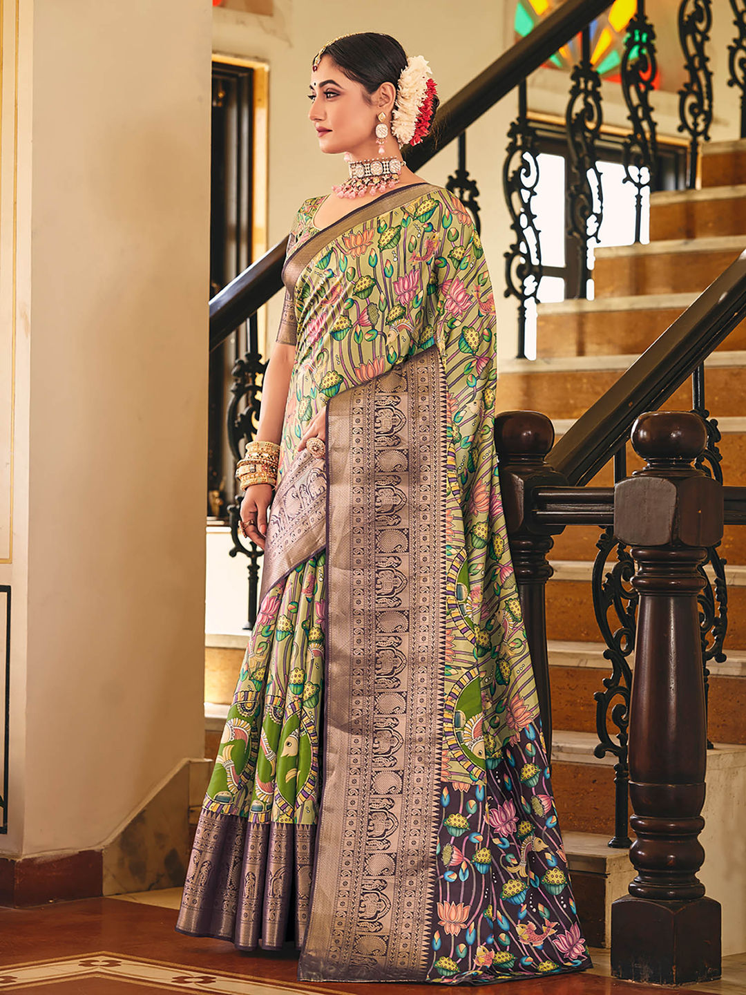 Olive Green & Purple Woven Silk Designer Saree