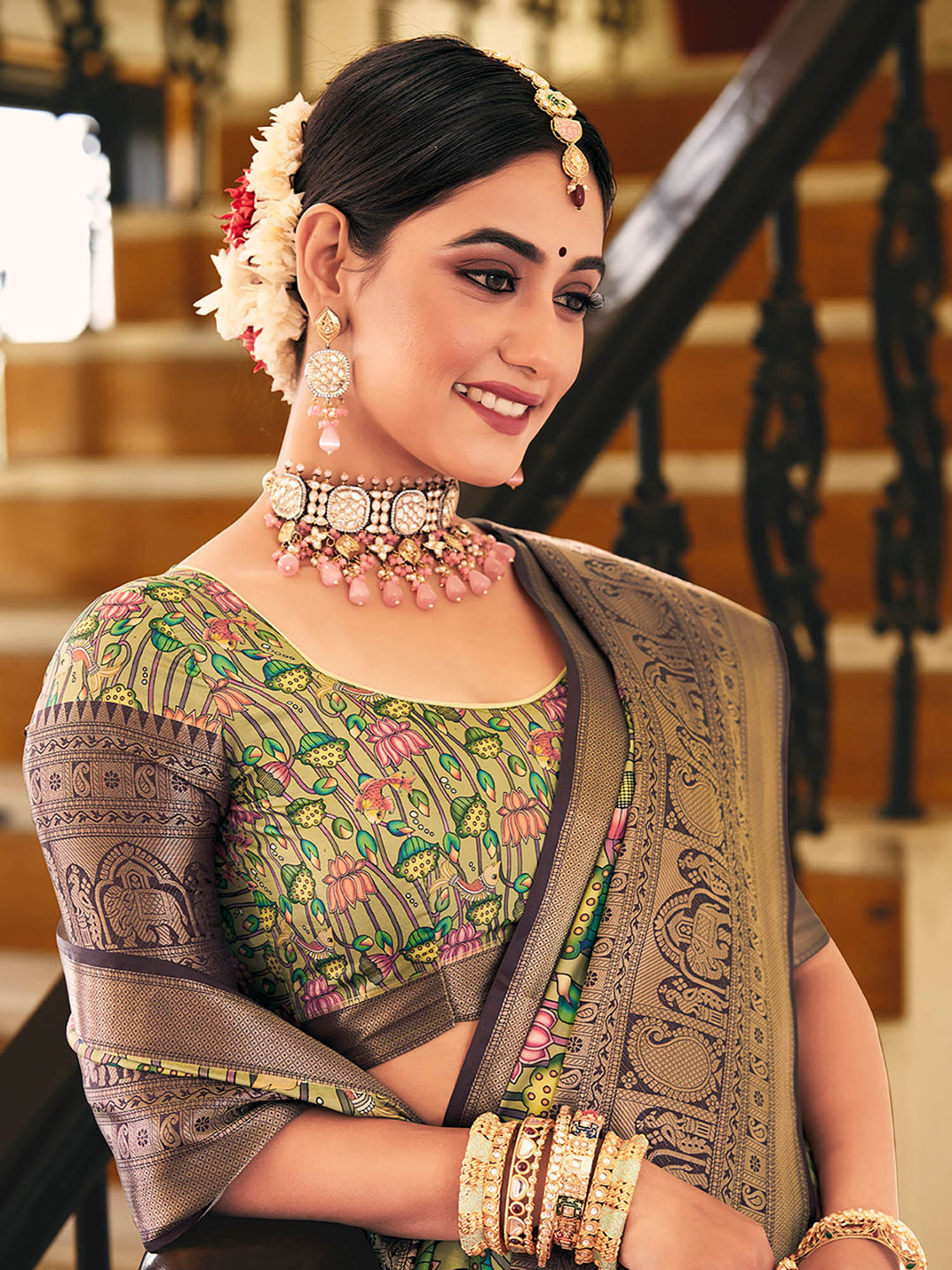 Olive Green & Purple Woven Silk Designer Saree