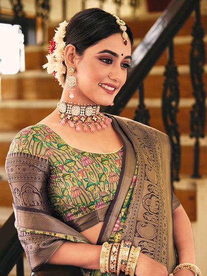 Olive Green & Purple Woven Silk Designer Saree