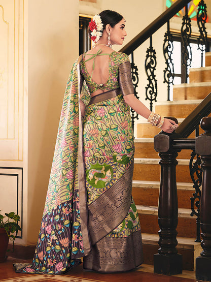 Olive Green & Purple Woven Silk Designer Saree
