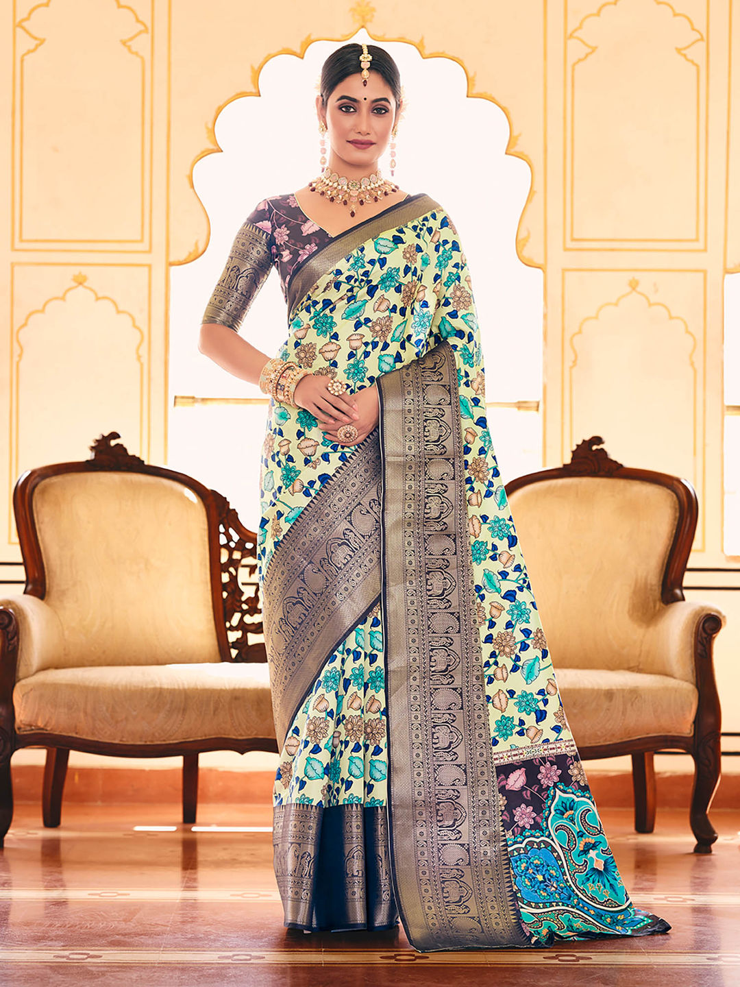 Baby Blue & Purple Woven Silk Designer Saree