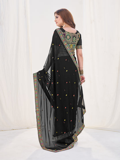 SHOPGARB Black Embroidered Georgette Saree With Unstiched Blouse