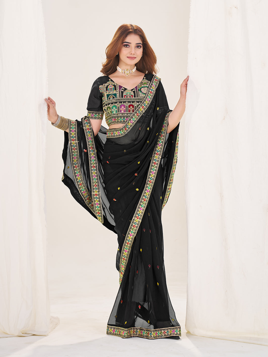 SHOPGARB Black Embroidered Georgette Saree With Unstiched Blouse