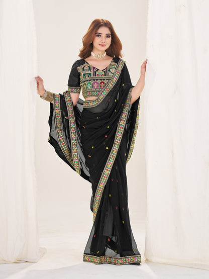 SHOPGARB Black Embroidered Georgette Saree With Unstiched Blouse