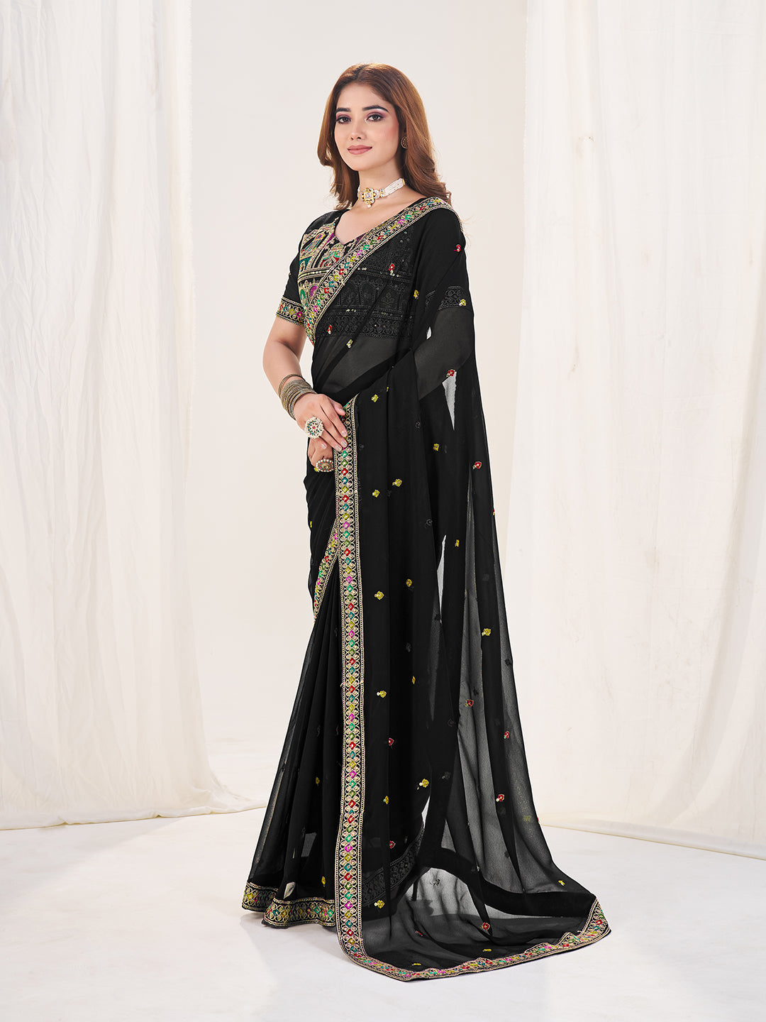 SHOPGARB Black Embroidered Georgette Saree With Unstiched Blouse