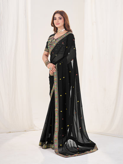 SHOPGARB Black Embroidered Georgette Saree With Unstiched Blouse