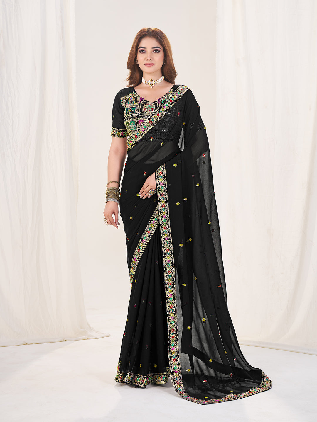 SHOPGARB Black Embroidered Georgette Saree With Unstiched Blouse