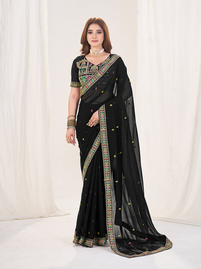 SHOPGARB Black Embroidered Georgette Saree With Unstiched Blouse
