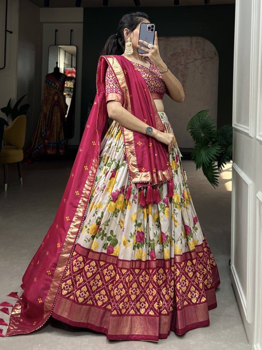 Pink Silk Floral Printed Navratri Wear Lehenga Choli