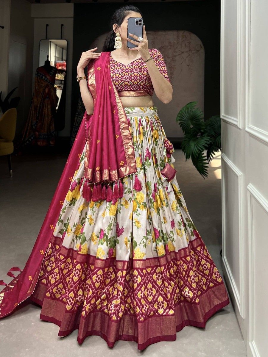Pink Silk Floral Printed Navratri Wear Lehenga Choli