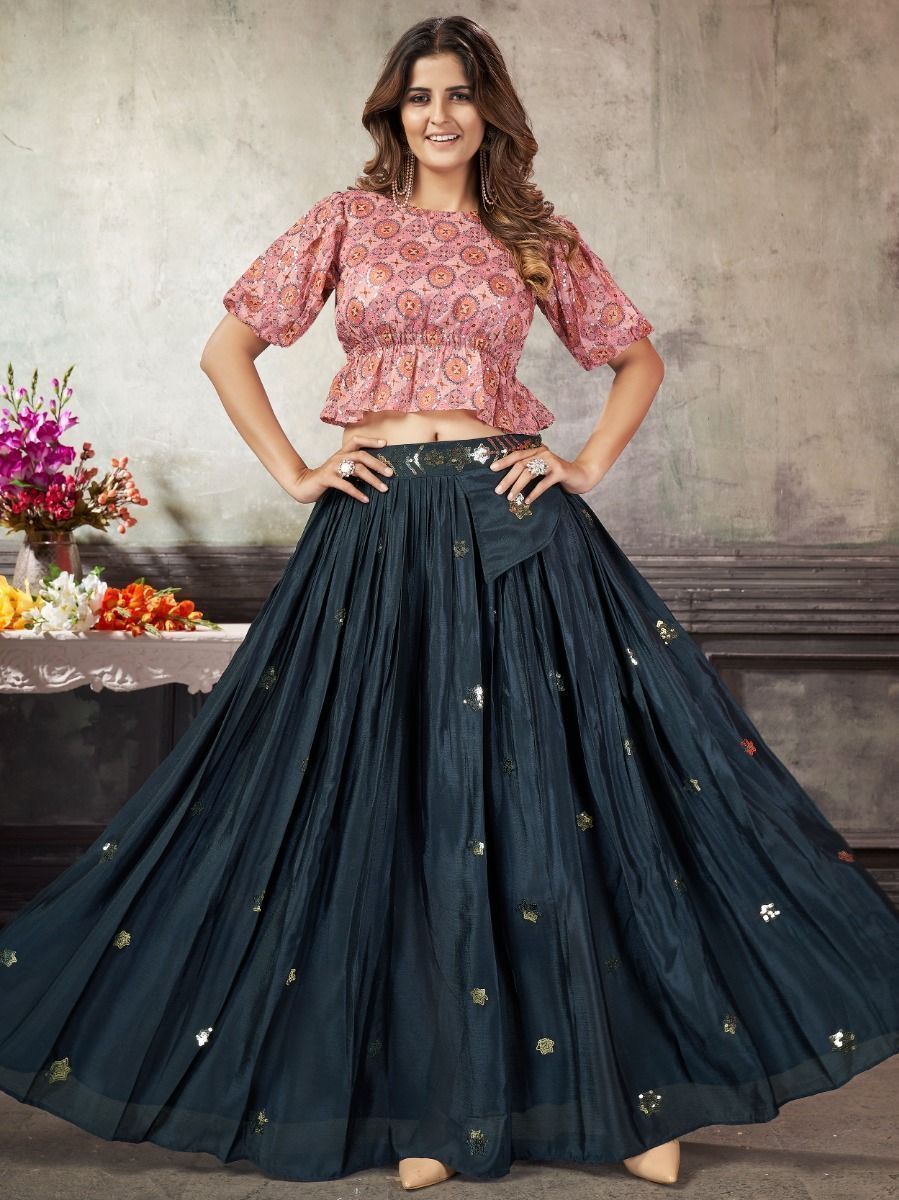 Navy Blue & Pink Ready-to-Wear Silk Navratri Crop Top Lehenga