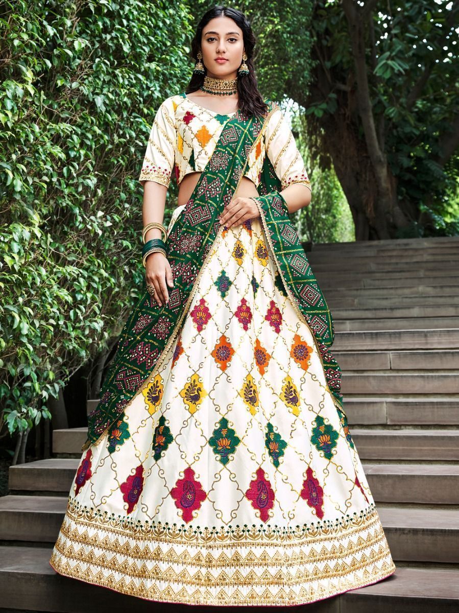 White & Green Embroidered & Printed Silk Lehenga Choli