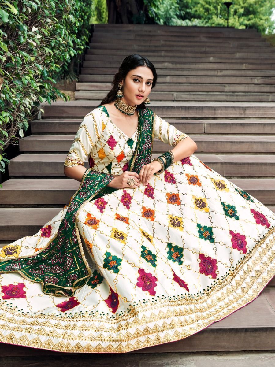 White & Green Embroidered & Printed Silk Lehenga Choli