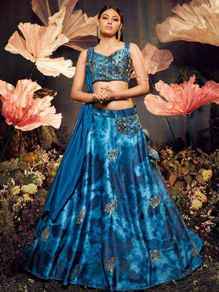 Royal Blue Mirror Worked Velvet Lehenga Choli