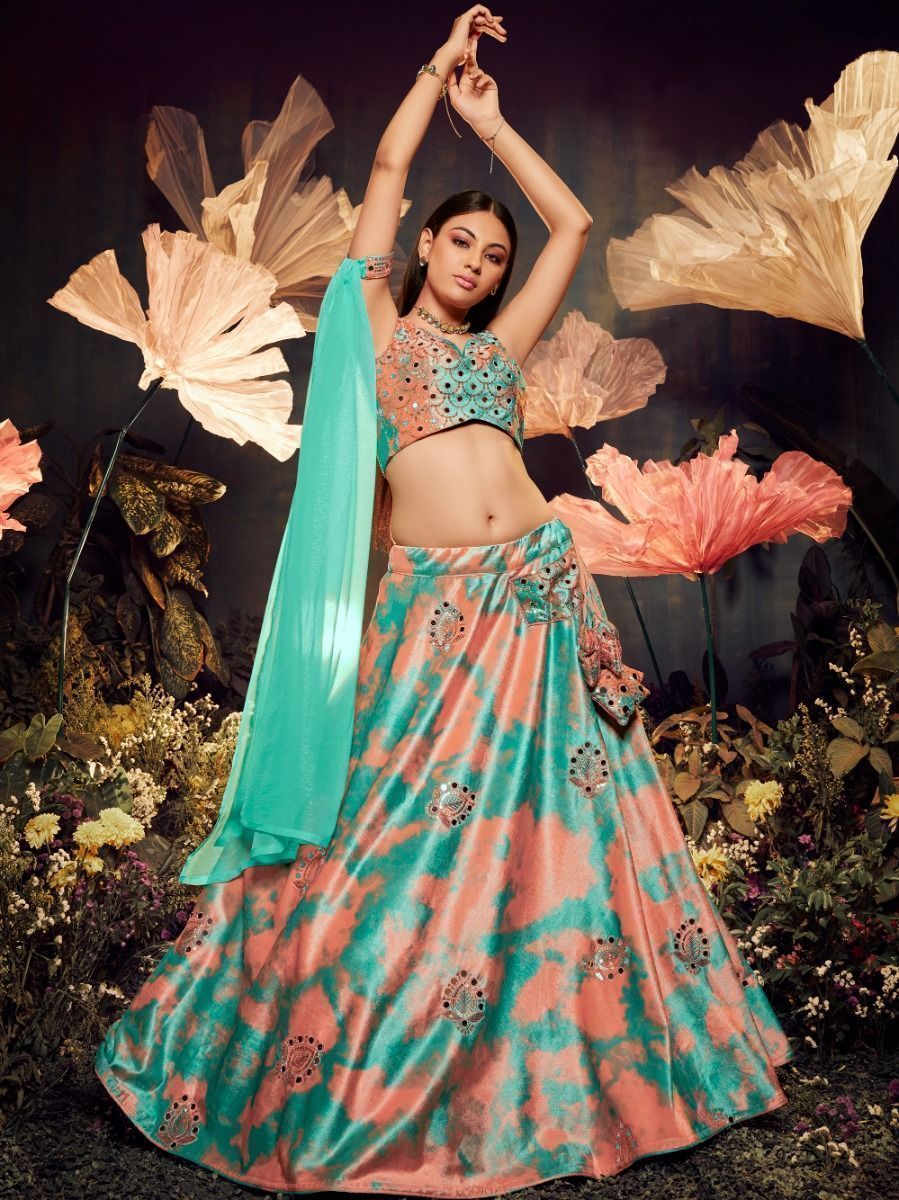 Turquoise Mirror Worked Velvet Lehenga Choli