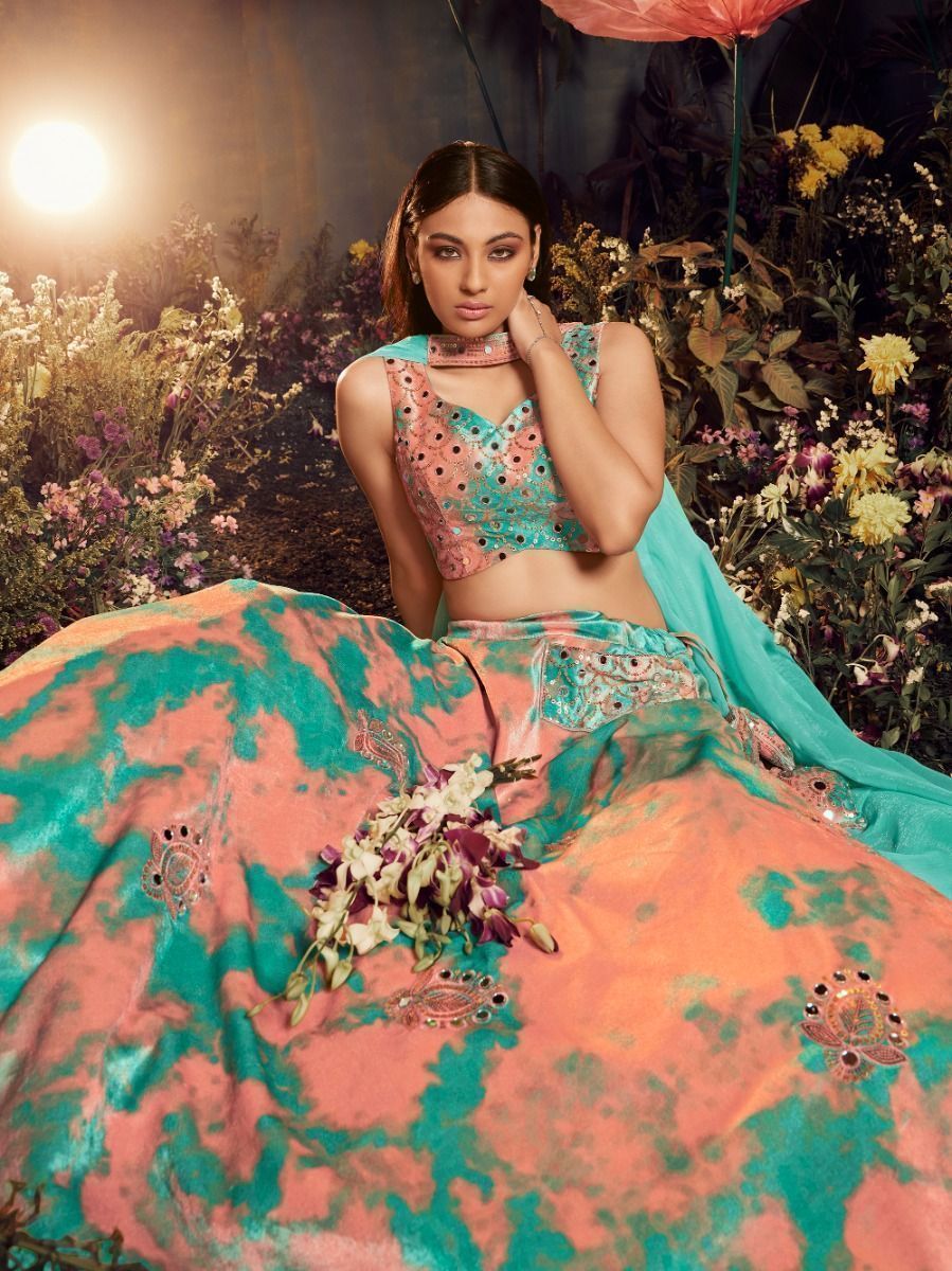 Turquoise Mirror Worked Velvet Lehenga Choli