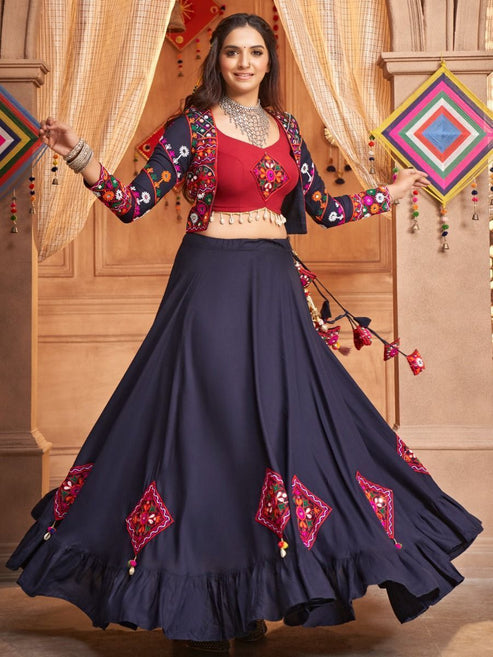 Navy Blue Navratri Special Mirror Worked Rayon Lehenga Choli