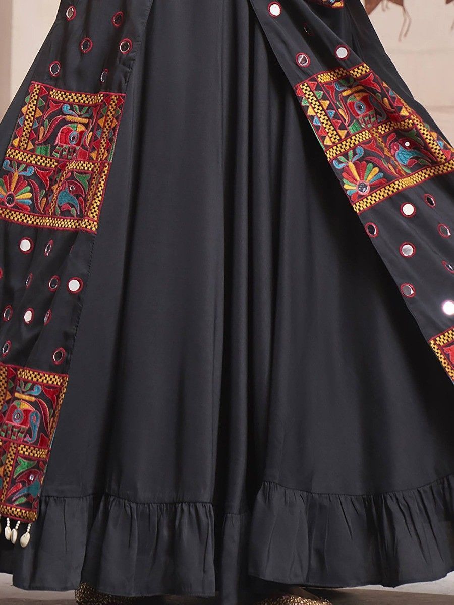 Black Navratri Special Mirror Worked Rayon Lehenga Choli